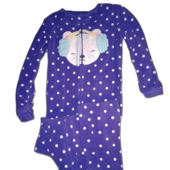 Carter's Girls 5T Fleece Purple White Polka Dot Bear In Earmuffs Footie Pajamas - Picture 1 of 3